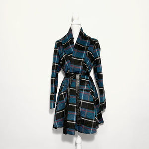 NWT Ryu S teal/black plaid tie coat